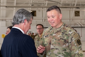 Army Maj. Gen. John R. Pippy, Pennsylvania adjutant general chat with attendees as the Pennsylvania National Guard’s 171st Air Refueling Wing, receives the of U.S. Strategic Command’s Omaha Trophy May 1, 2025.