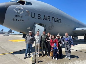 Lt. Col. CJ Pfeil celebrates his final flight in April after nearly 30 years of service in the 914th Air Refueling Wing with his friends and family.