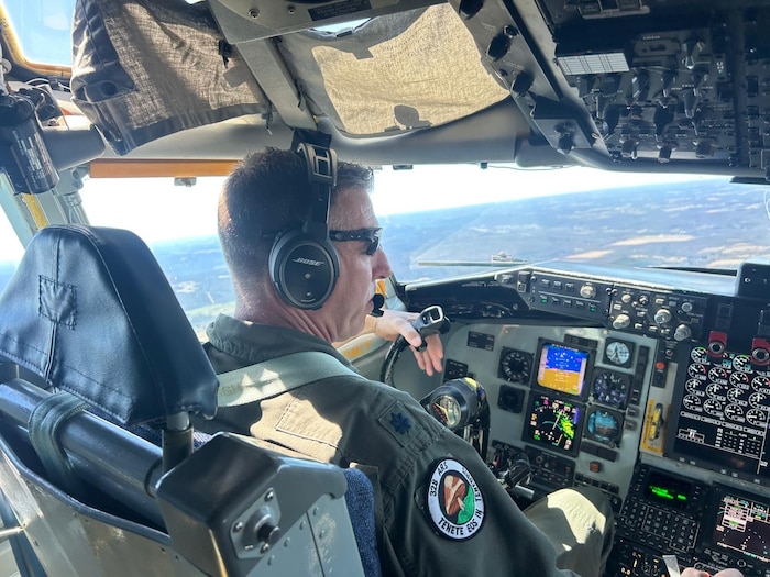 Lt. Col. CJ Pfeil flies a KC-135 Stratotanker on his final flight.after nearly 30 years of service in the 914th Air Refueling Wing. Photo is shot in the cockpit of the tanker.