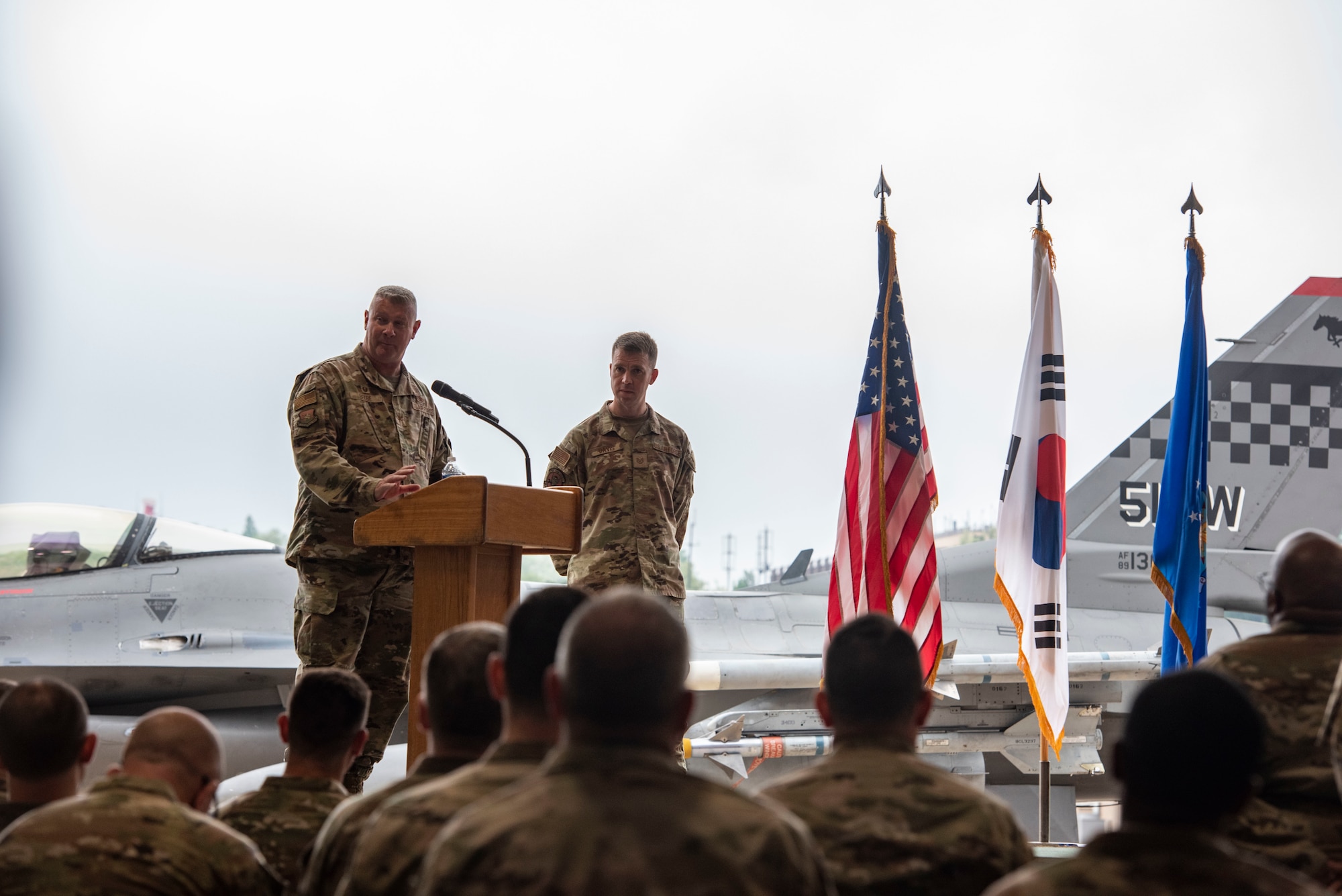 U.S. Air Force Col. Kenneth B. Beebe III, 51st Maintenance Group commander, delivers opening remarks during the 36th Fighter Generation Squadron assumption of command ceremony at Osan Air Base, Republic of Korea, May 15, 2025.