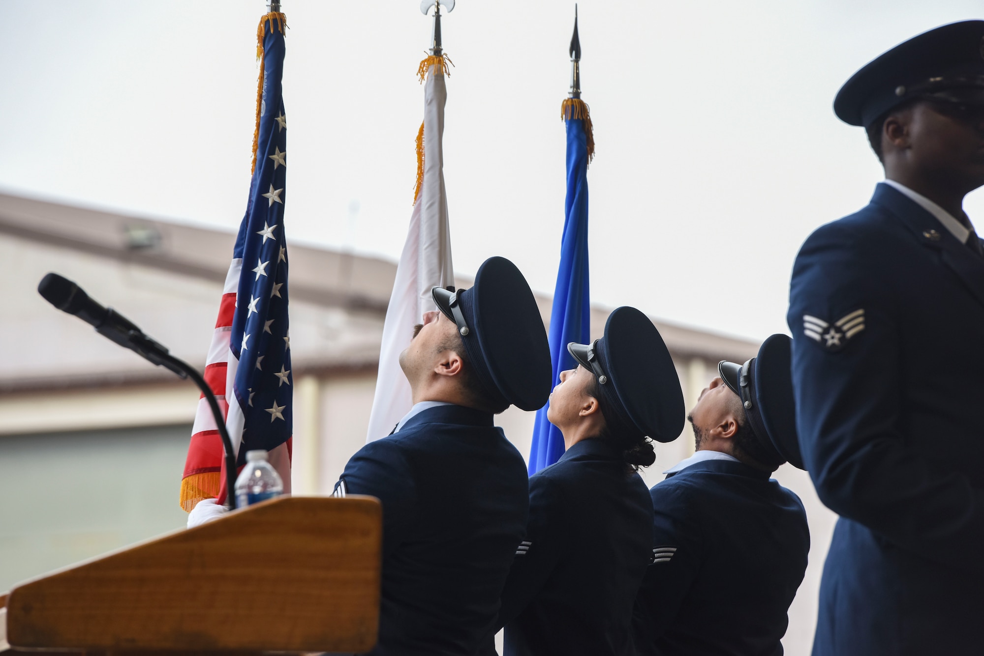 Service members post the colors during the 36th Fighter Generation Squadron assumption of command ceremony at Osan Air Base, Republic of Korea, May 15, 2025.