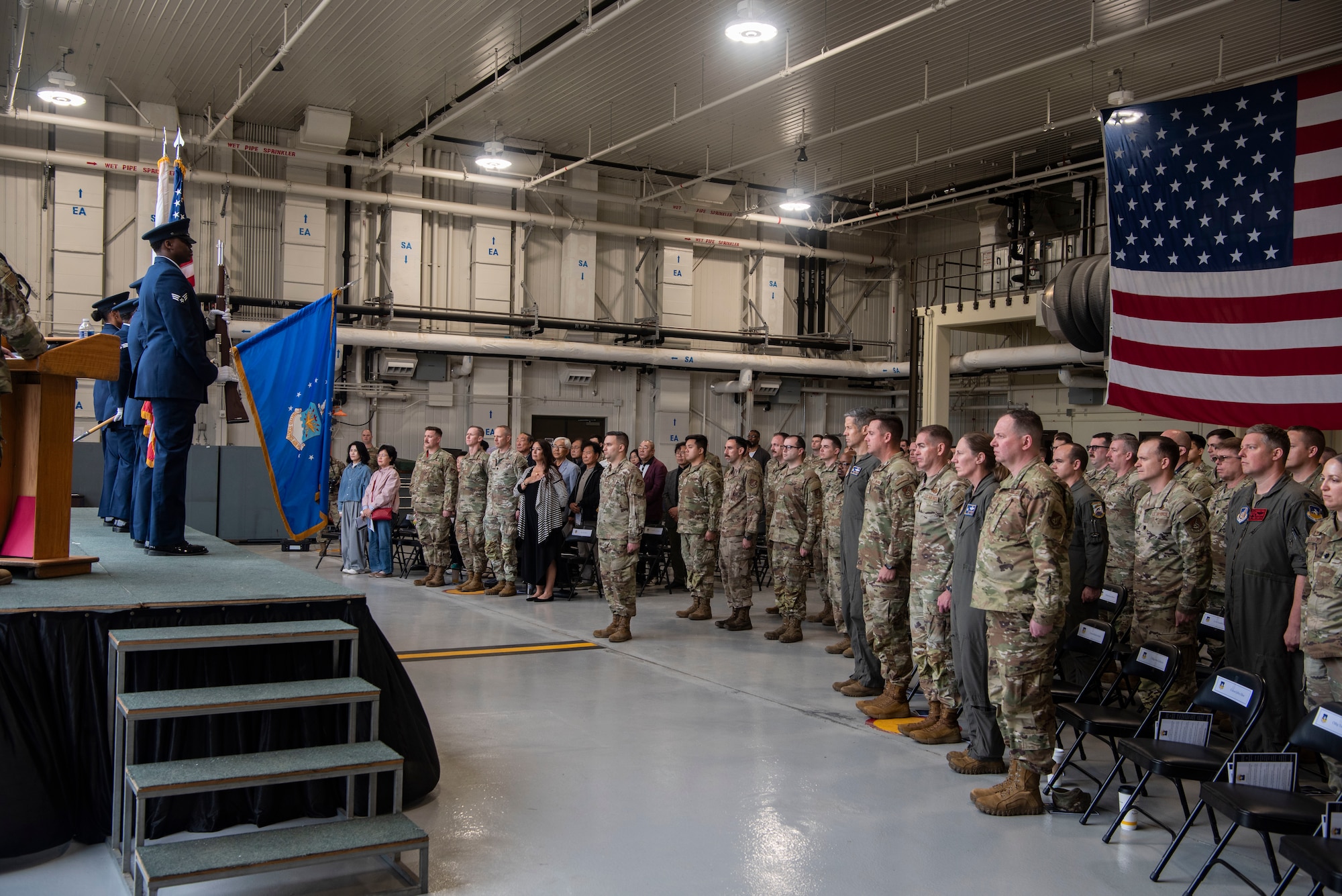 Members of the Mustang community attend the 36th Fighter Generation Squadron assumption of command ceremony at Osan Air Base, Republic of Korea, May 15, 2025.