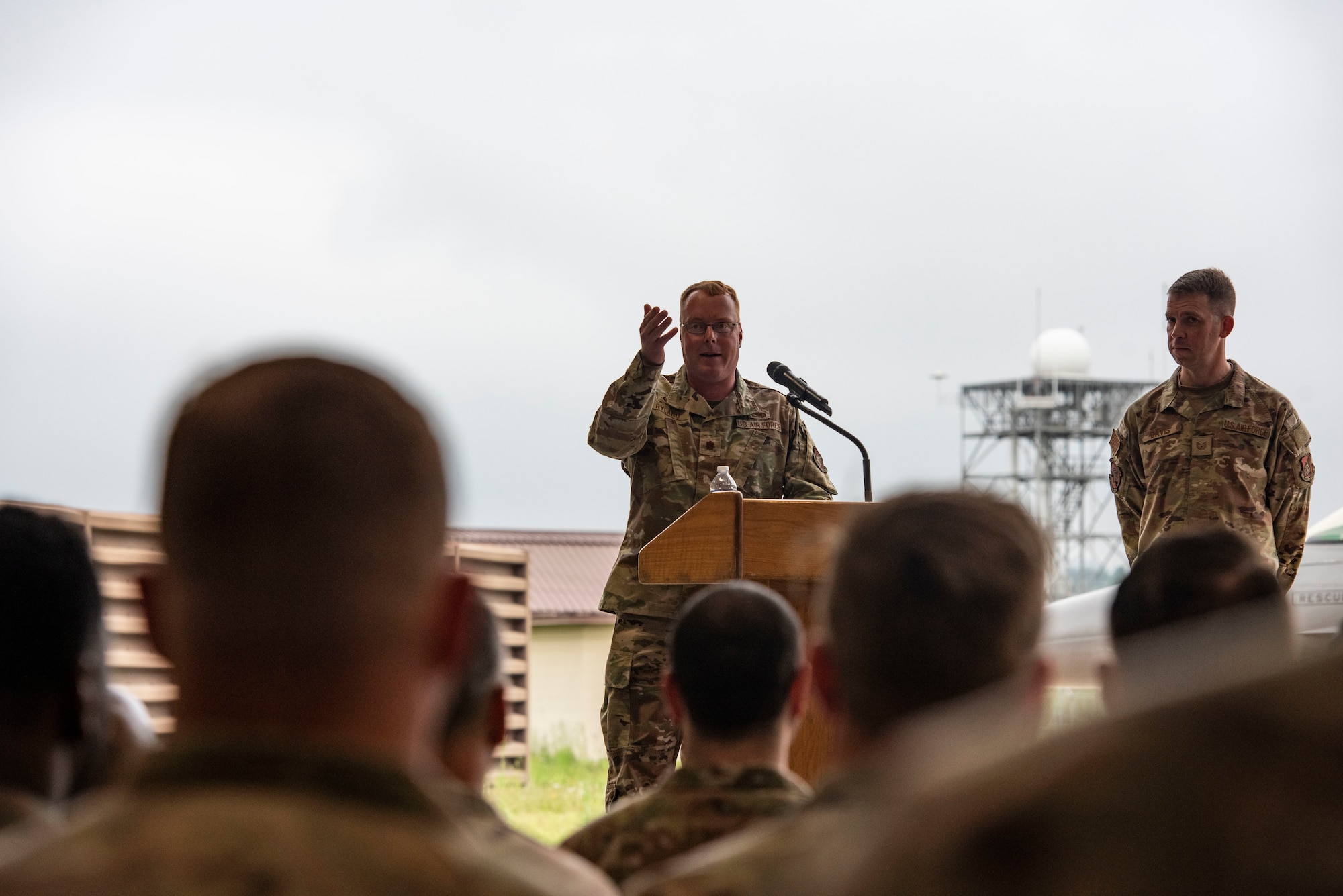 U.S. Air Force Maj. Richard Ryland, 36th Fighter Generation Squadron incoming commander, delivers remarks during the 36th FGS assumption of command ceremony at Osan Air Base, Republic of Korea, May 15, 2025.