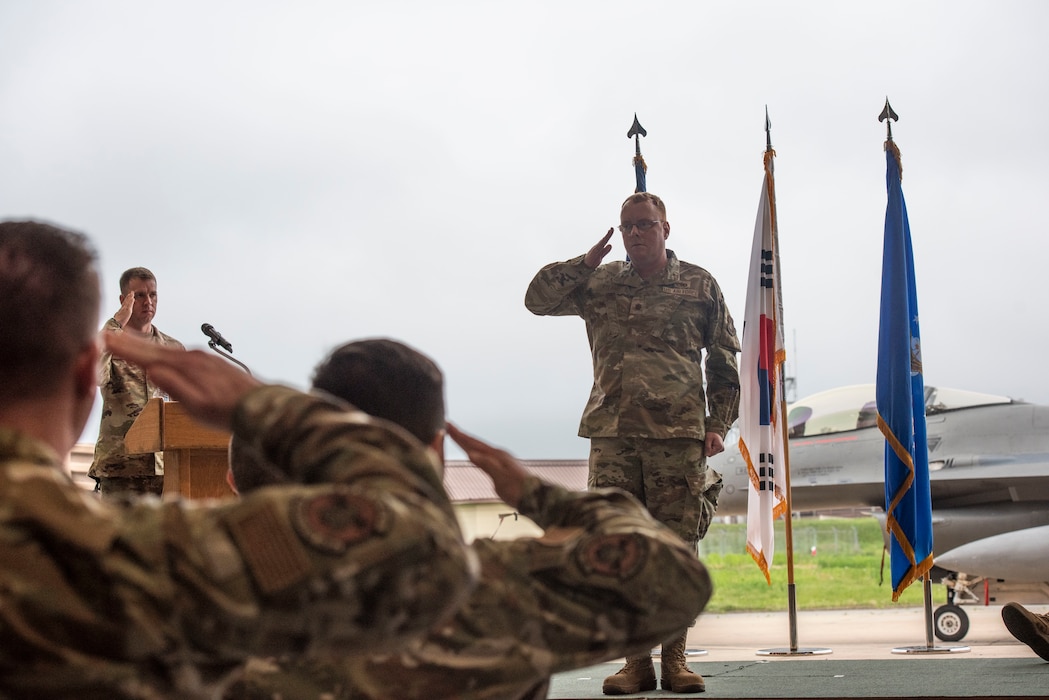 U.S. Air Force Maj. Richard Ryland, 36th Fighter Generation Squadron incoming commander, receives his first salute as commander during the 36th FGS assumption of command ceremony at Osan Air Base, Republic of Korea, May 15, 2025.