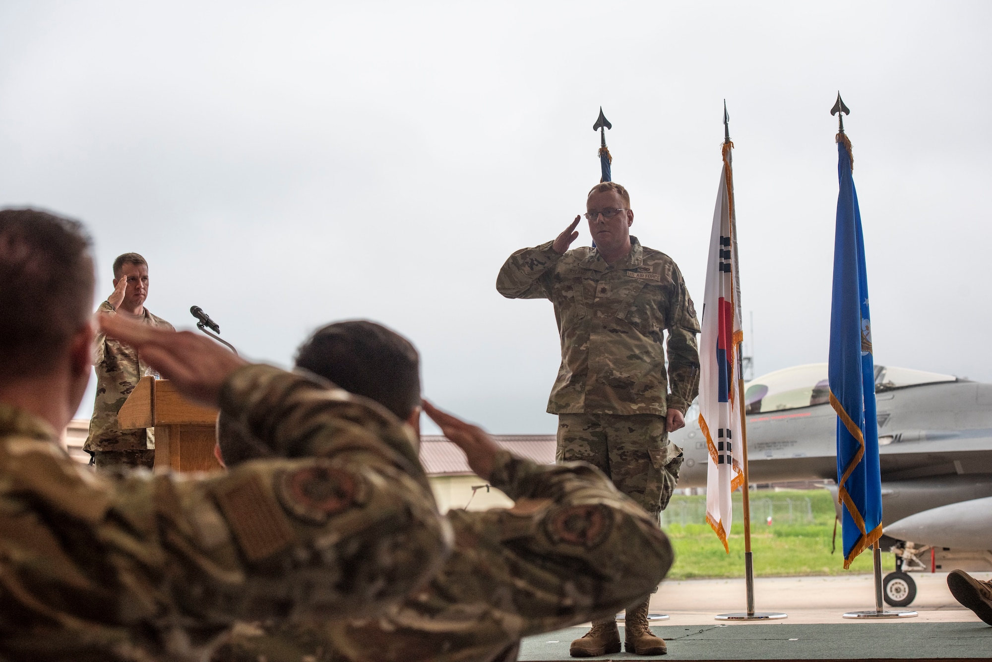 U.S. Air Force Maj. Richard Ryland, 36th Fighter Generation Squadron incoming commander, receives his first salute as commander during the 36th FGS assumption of command ceremony at Osan Air Base, Republic of Korea, May 15, 2025.