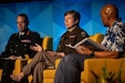 (Center) U.S. Army Lt. Gen. Maria Barrett, commanding general of U.S. Army Cyber Command (ARCYBER), sits on a panel to discuss organizing land forces for the combined joint fight during the Land Forces Pacific (LANPAC) Symposium and Exposition, May 15, 2025, in Honolulu, Hawaii. The panel discussion focused on organizing U.S. Army land forces for joint operations and maintaining "fight tonight" readiness in the Indo-Pacific region. (U.S. Army Photo by Spc. Abreanna Goodrich)