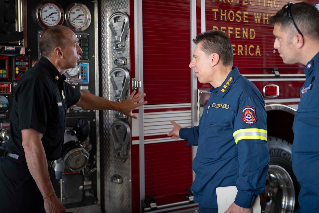 Naval Support Activity Souda Bay hosts Fire Col. Argyrios Regkas, commander, Hellenic Fire Corps Fire Command of Chania Prefecture, for a walk-through and tour of NSA Souda Bay’s Fire & Emergency Services fire house on May 8, 2025.
