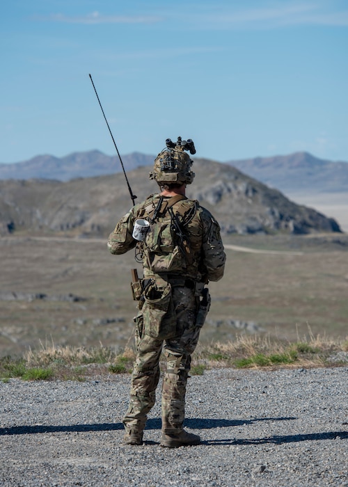 Service member from the 19th Special Forces Group (Airborne), Utah National Guard, preapares for the start of the exercise during Exercise Hydra,  May 8, 2025 at the Utah Test and Training Range, Utah. Military forces located in Utah showcase readiness and interoperability to dominate across air, land, and contested communication domains. (U.S. Air National Guard photo by Senior Airman Bill Guilliam)