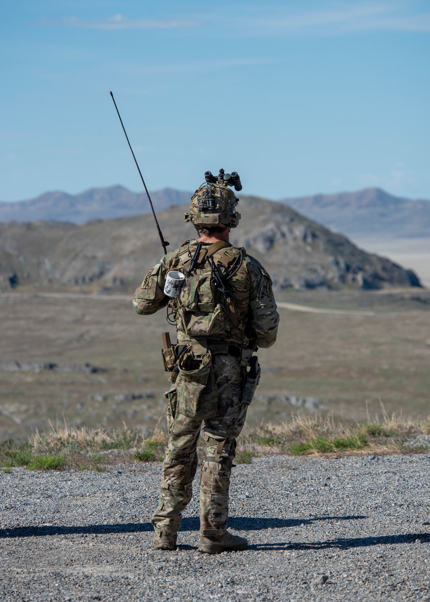 Service member from the 19th Special Forces Group (Airborne), Utah National Guard, preapares for the start of the exercise during Exercise Hydra,  May 8, 2025 at the Utah Test and Training Range, Utah. Military forces located in Utah showcase readiness and interoperability to dominate across air, land, and contested communication domains. (U.S. Air National Guard photo by Senior Airman Bill Guilliam)