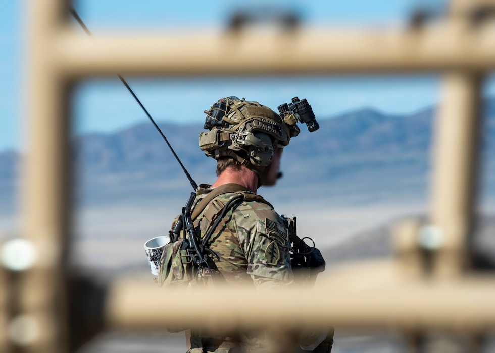 Service member from the 19th Special Forces Group (Airborne), Utah National Guard, preapares for the start of the exercise during Exercise Hydra,  May 8, 2025 at the Utah Test and Training Range, Utah. Military forces located in Utah showcase readiness and interoperability to dominate across air, land, and contested communication domains. (U.S. Air National Guard photo by Senior Airman Bill Guilliam)
