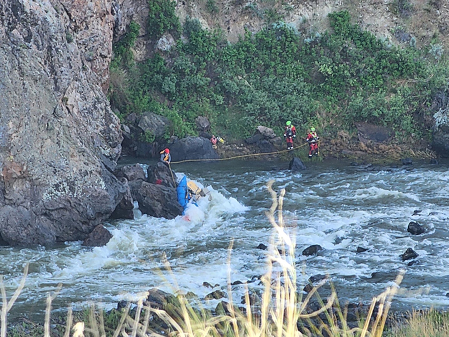 The Idaho Army National Guard’s State Aviation Group, working with the Boise Fire Department, assisted in the rescue of two rafters on the Owyhee River in Malheur County, Oregon, May 15.