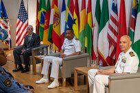 U.S. Africa Command Ambassador Robert Scott, left, Cabo Verde Chief of Defense, Rear Adm. António Duarte Monteiro, center, and Obangame Express 2025 Exercise Director, Capt. Harish Patel, attend the closing ceremony for the exercise. Obangame Express is one of three regional maritime exercises led by U.S. Sixth Fleet as part of a comprehensive strategy to provide collaborative opportunities to African forces and international partners to address maritime security concerns.
