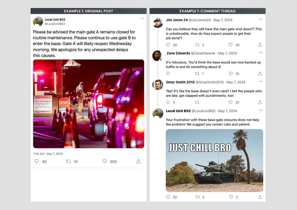 A fictitious X post shows Local Unit B52's post to their social media account about a routine maintenance base gate closure. Disgruntled responses from audience members appear on the post, followed by an inappropriate reply from Local Unit B52.