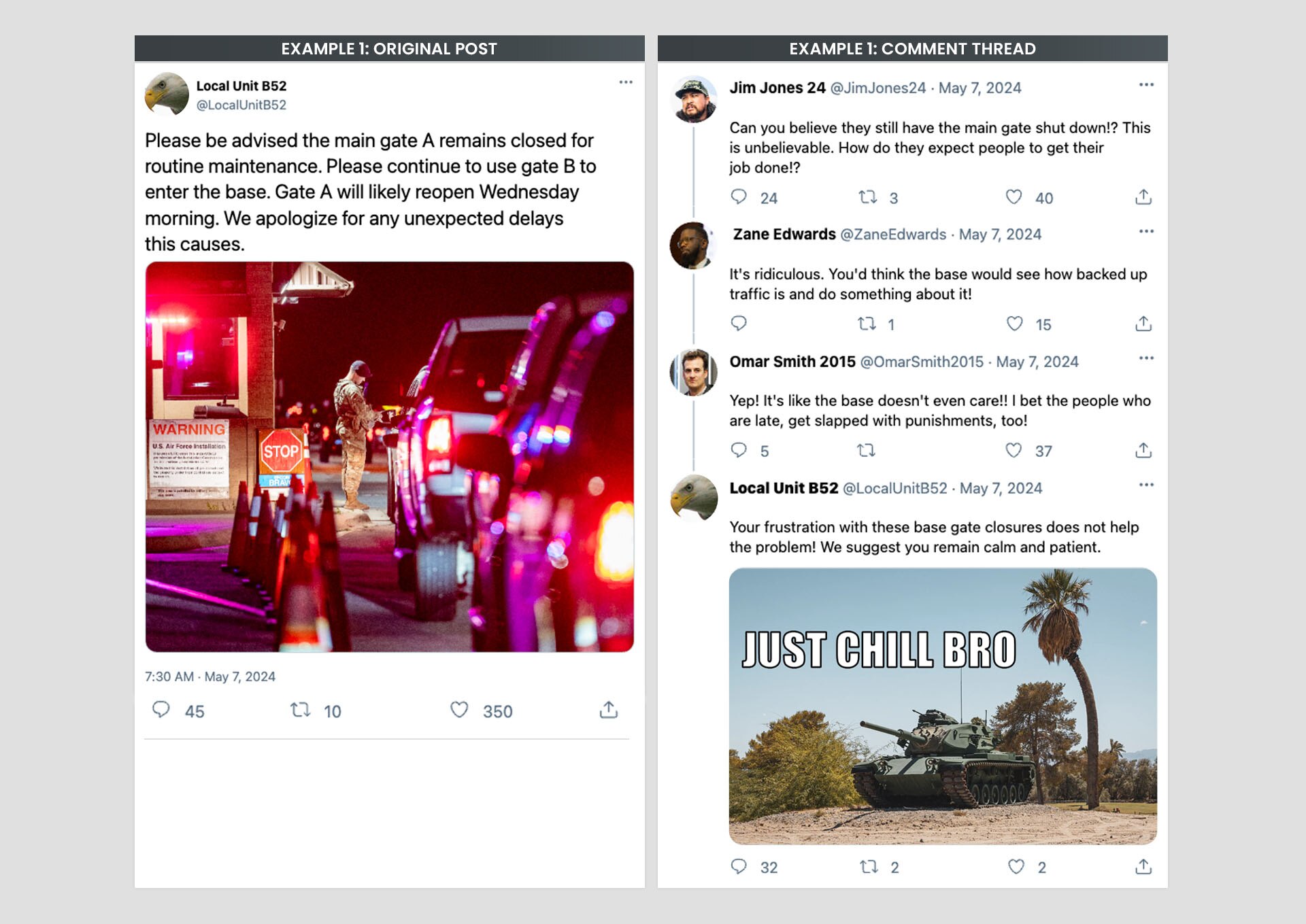 A fictitious X post shows Local Unit B52's post to their social media account about a routine maintenance base gate closure. Disgruntled responses from audience members appear on the post, followed by an inappropriate reply from Local Unit B52.