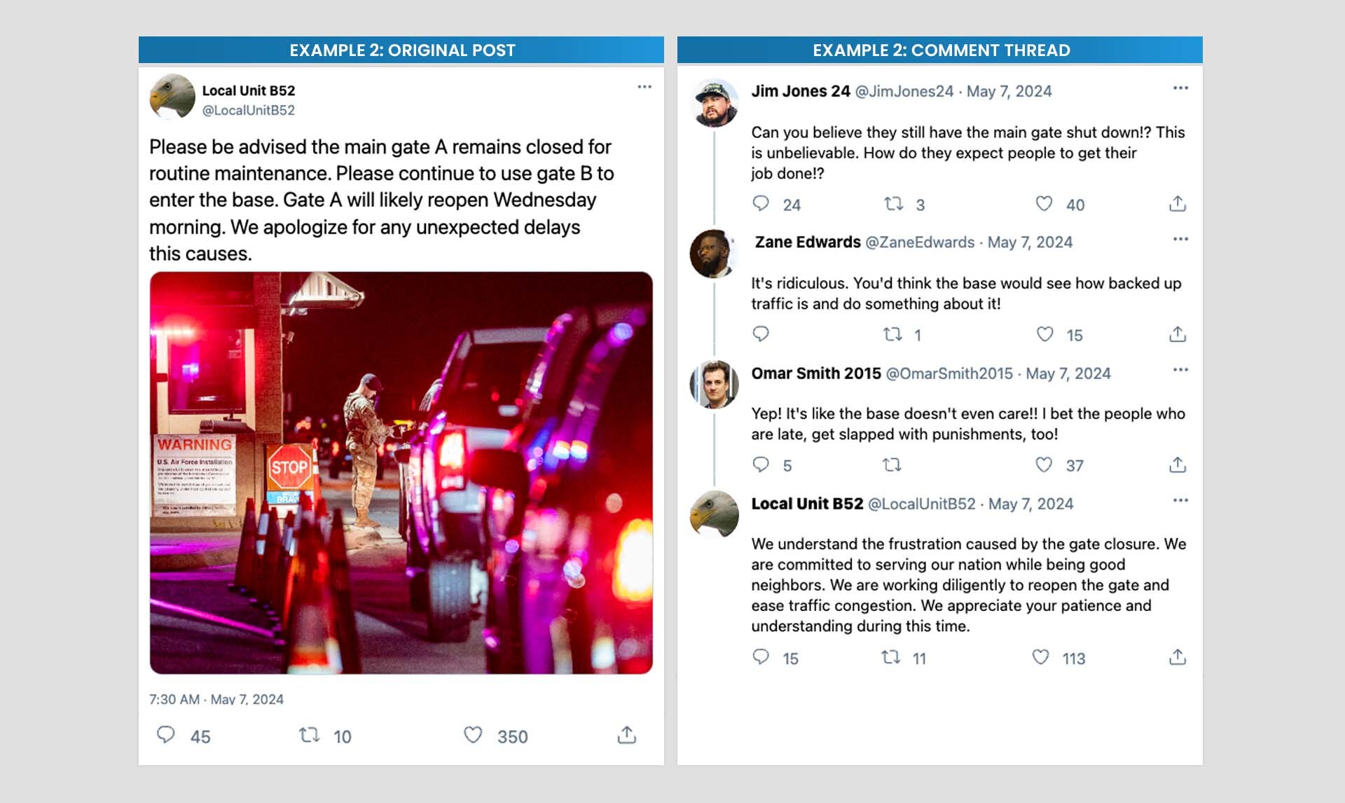 A fictitious X post shows Local Unit B52's post to their social media account about a routine maintenance base gate closure. Disgruntled responses from audience members appear on the post, followed by an appropriate reply from Local Unit B52.