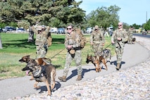 Four people carrying ruck backpacks walking 3 military working dogs