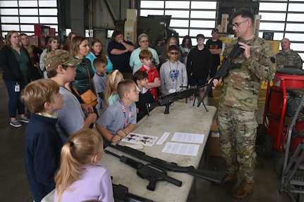 More than 200 kids of Pennsylvania Department of Military and Veterans Affairs and Pennsylvania National Guard employees toured Fort Indiantown Gap May 15, 2025, for Take Your Child to Work Day. (Pennsylvania National Guard photo by Brad Rhen)