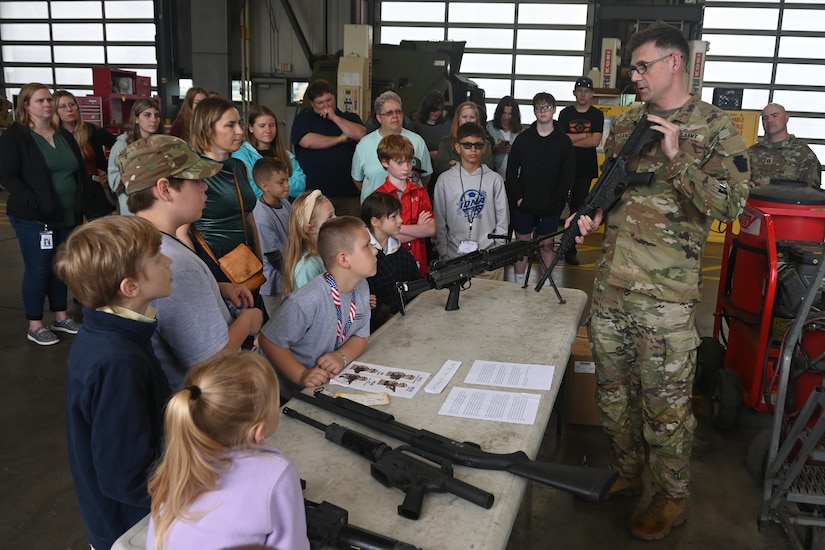 More than 200 kids of Pennsylvania Department of Military and Veterans Affairs and Pennsylvania National Guard employees toured Fort Indiantown Gap May 15, 2025, for Take Your Child to Work Day. (Pennsylvania National Guard photo by Brad Rhen)