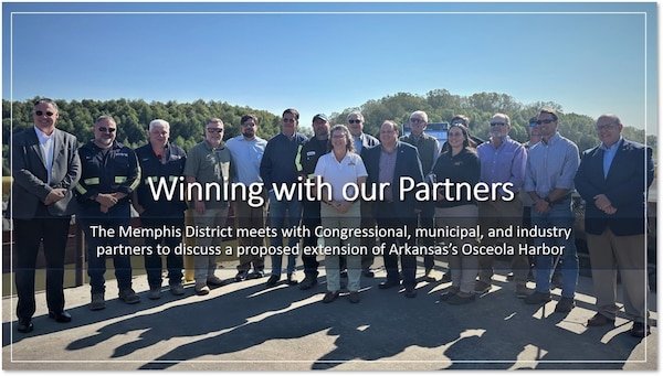 On October 9, the Memphis District hosted a pivotal meeting with Congressional, municipal, and industry partners to discuss the proposed extension of Arkansas’s Osceola Harbor by 3,000 feet. This initiative is crucial for supporting the growth of the steel industry in the region like Big River Steel, U.S. Steel, and Hybar, LLC.

This partners’ gathering was joined by U.S. Representative Rick Crawford (AR-01), and Mississippi Valley Division Programs Directorate Director James Bodron, SES. From the Memphis District were Commander and District Engineer Col. Brian Sawser, Deputy District Engineer for Programs and Project Management Donny Davidson, Project Management Branch Chief Danny Ward, Command Strategic Advisor Meagan Schroeder, Osceola Harbor Extension Project Manager Andrea Carpenter-Crowther, and Operations Project Manager Vickie Watson.  Local partners included City of Osceola Mayor Joe Harris, and representatives from the steel and grain industries.