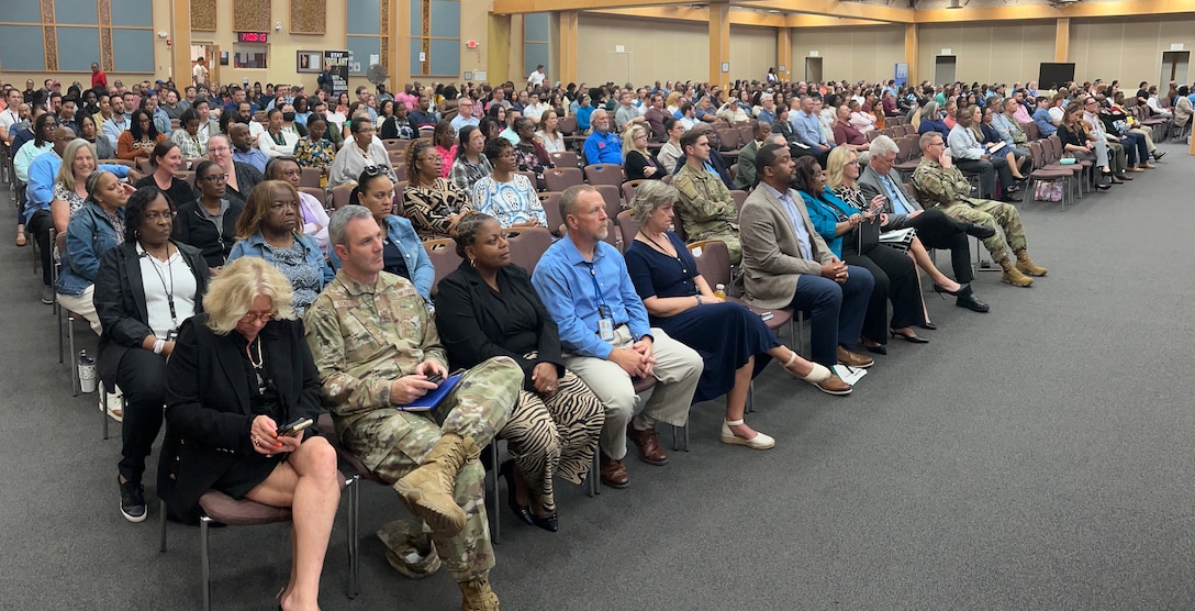 Employees at Defense Logistics Agency Aviation in Richmond, Virginia, view the Global Town Hall remotely May 14, 2025. Courtesy Photo.