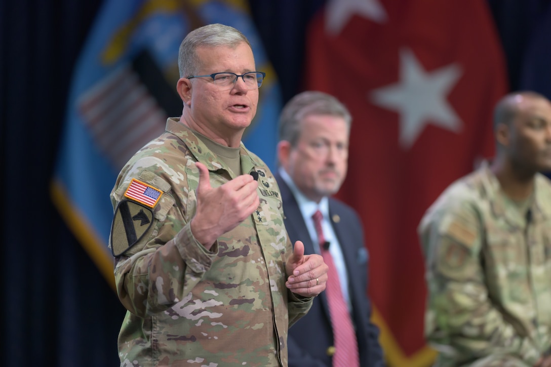 The Defense Logistics Agency’s director, Army Lt. Gen. Mark Simerly, addresses the workforce during a Global Town Hall at Fort Belvoir, Virginia, May 14, 2025. Photo by Chris Lynch