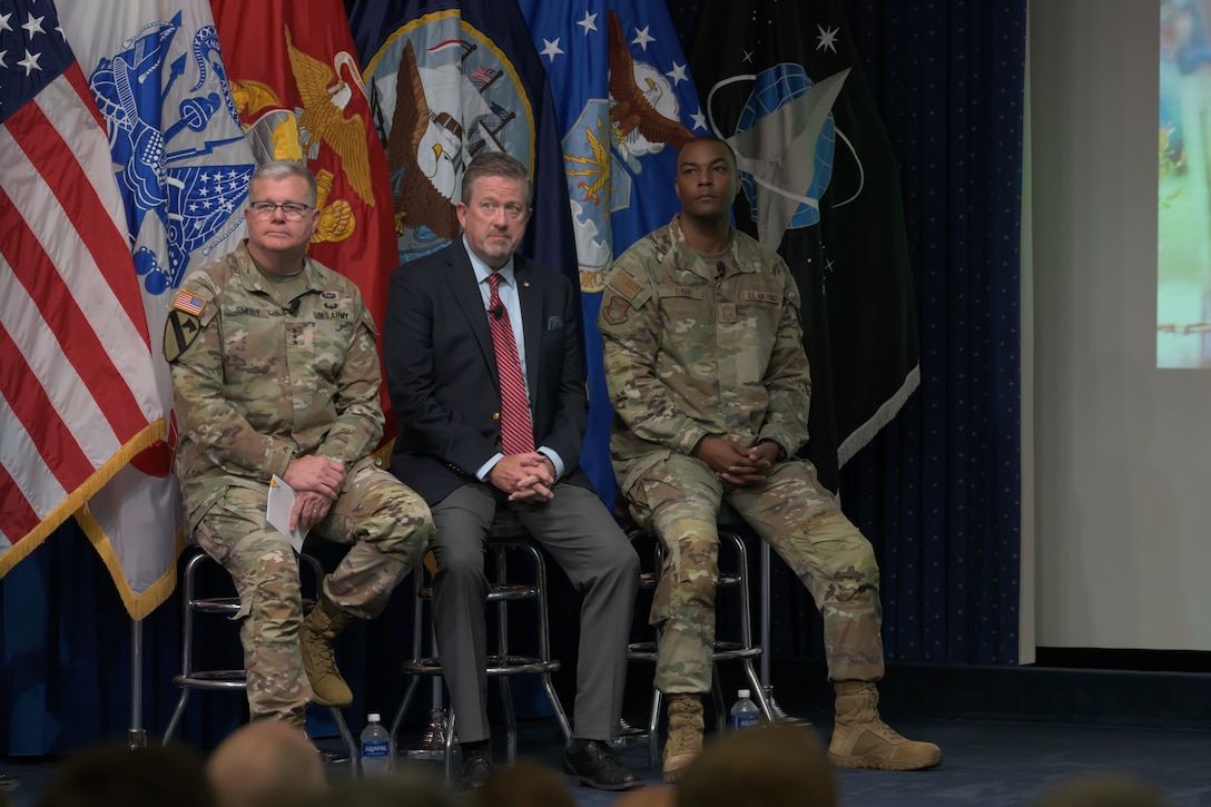 Defense Logistics Agency Director Army Lt. Gen. Mark Simerly; DLA Vice Director Brad Bunn and DLA Senior Enlisted Leader Air Force Command Chief Master Sgt. Alvin Dyer