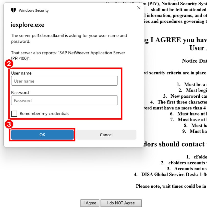 cFolders Login dialog box, enter username and password highlighted then user selects the Ok button.