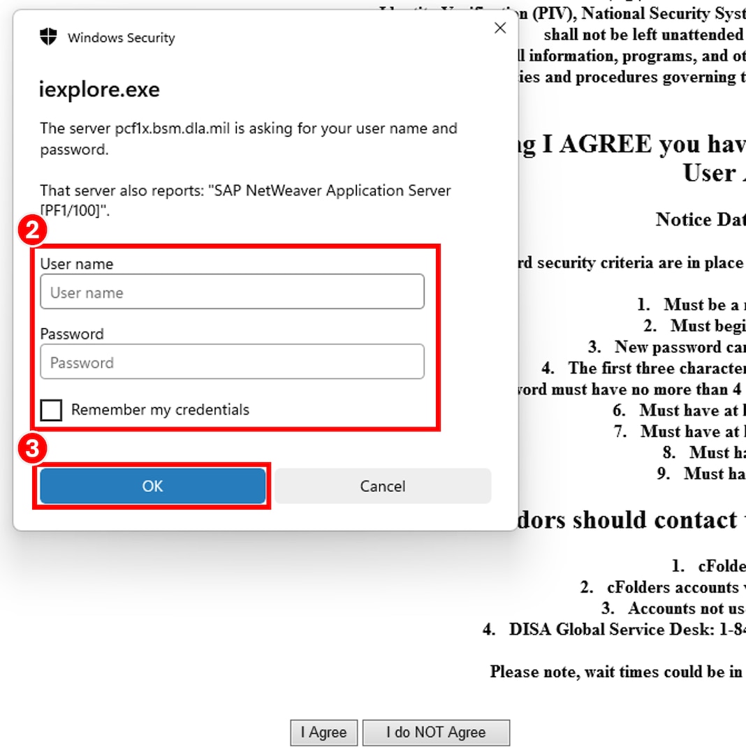 cFolders Login dialog box, enter username and password highlighted then user selects the Ok button.