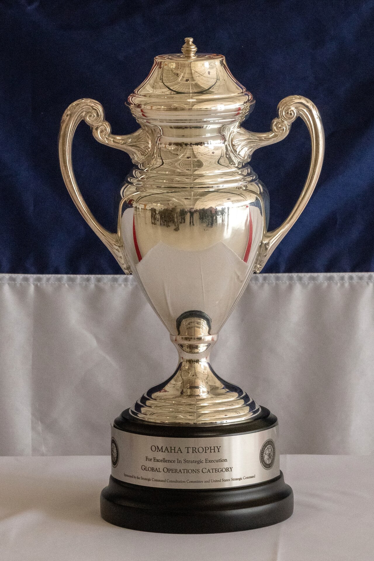 The Omaha Trophy sits at 171st Air Refueling Wing, Pennsylvania Air National Guard base, here May 1, 2025. The Omaha Trophy was presented to the 171st ARW for their support of U.S. Strategic Command’s mission of global operations mission area. (Pennsylvania National Guard photo by Wayne V. Hall)