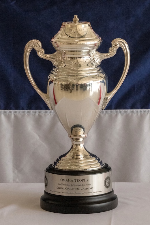 The Omaha Trophy sits at 171st Air Refueling Wing, Pennsylvania Air National Guard base, here May 1, 2025. The Omaha Trophy was presented to the 171st ARW for their support of U.S. Strategic Command’s mission of global operations mission area. (Pennsylvania National Guard photo by Wayne V. Hall)
