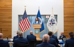 Department of Homeland Security Secretary Kristi Noem addresses Coast Guard senior leaders, praising the service’s specialized expertise in controlling, securing and defending America’s borders and maritime approaches, including U.S. ports and waterways.