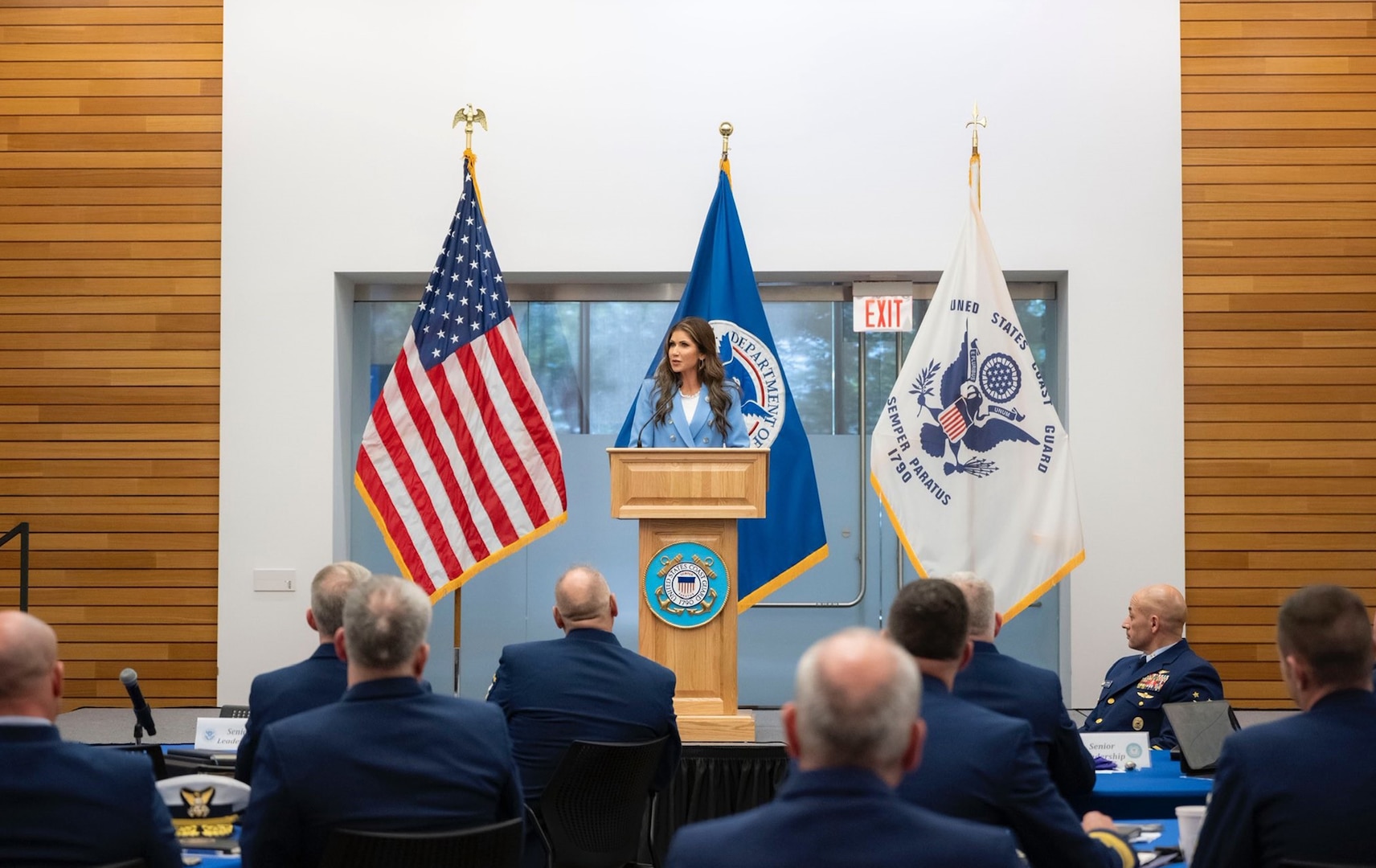 Department of Homeland Security Secretary Kristi Noem addresses Coast Guard senior leaders, praising the service’s specialized expertise in controlling, securing and defending America’s borders and maritime approaches, including U.S. ports and waterways.
