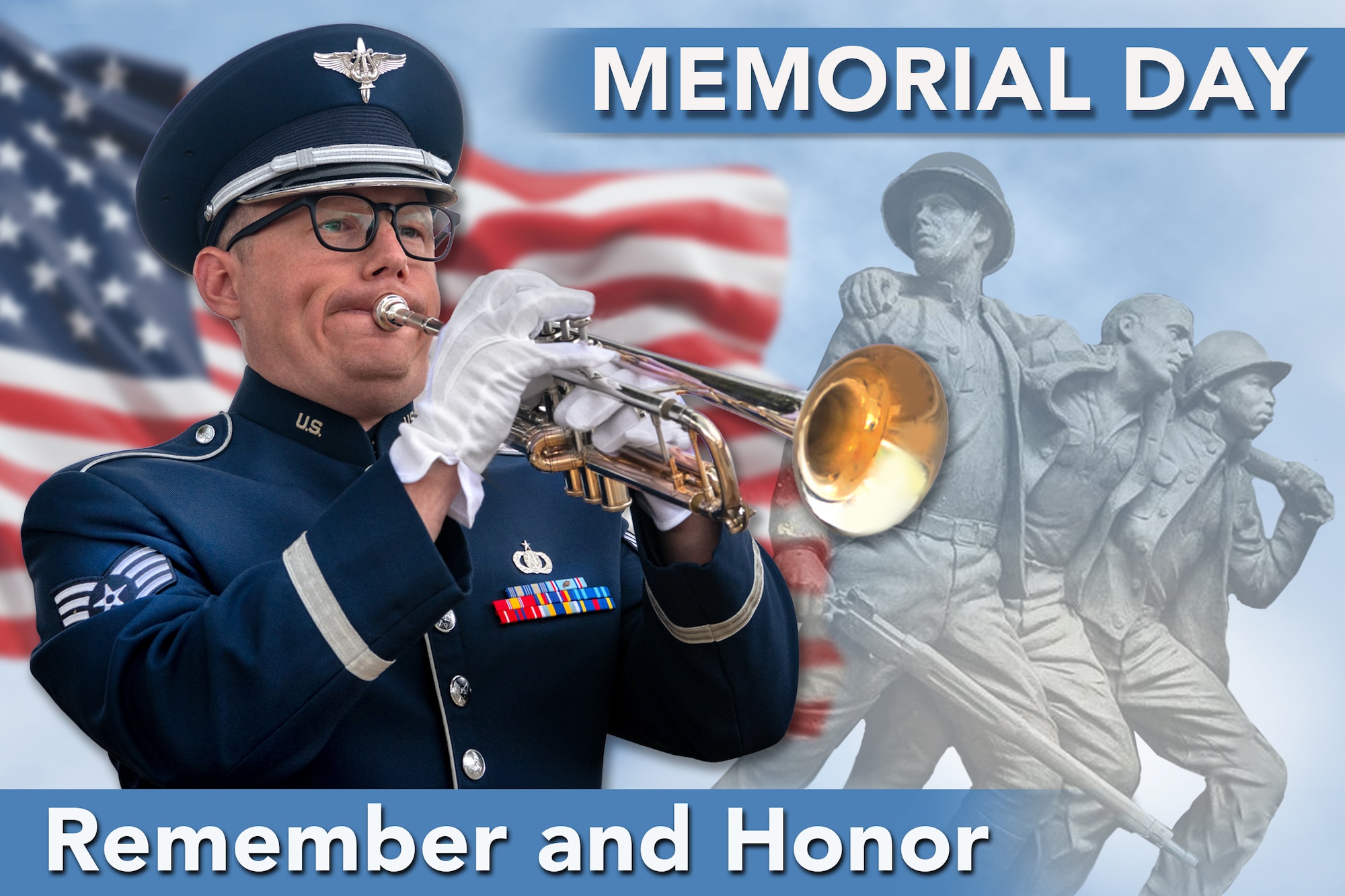 Memorial Day graphic of Airman playing taps on trumpet