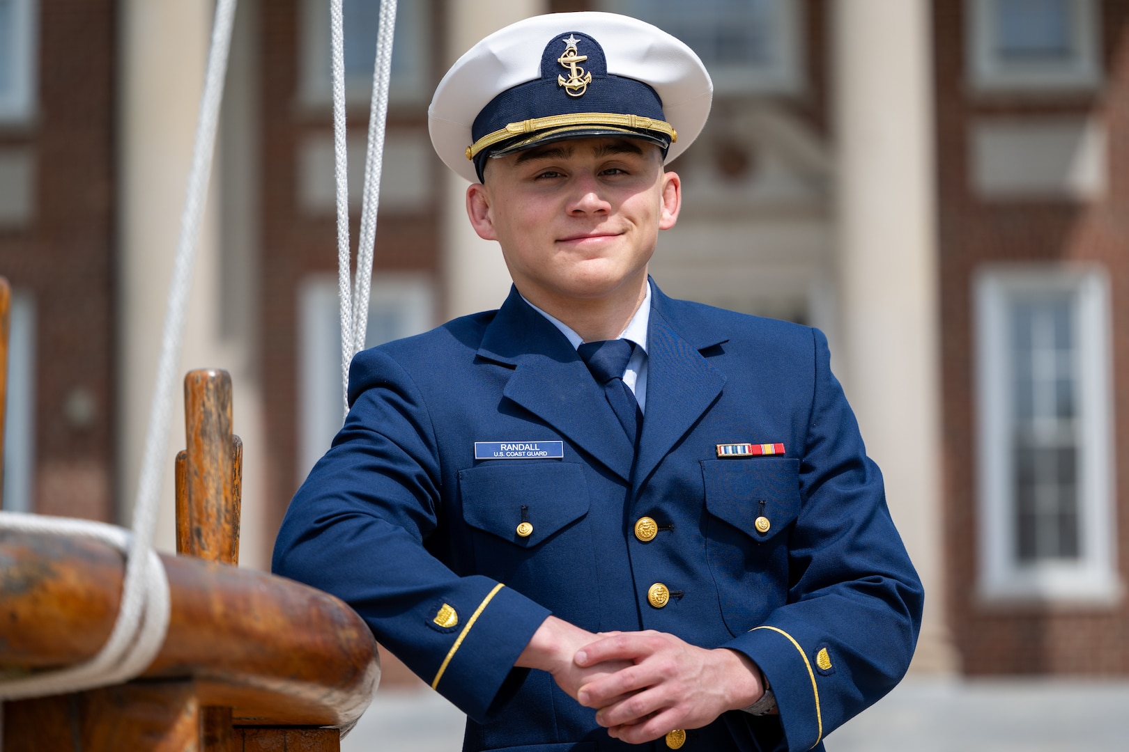U.S. Coast Guard Academy (USCGA) Cadet 1/C Chase Randall poses for a portrait at USCGA, New London, Connecticut, May 13, 2025. Randall is a ’25 USCGA graduate and will be stationed at the Surface Forces Logistics Center in Norfolk, Virginia for his first duty assignment. (U.S. Coast Guard photo by Petty Officer Third Class Leo Avila.)