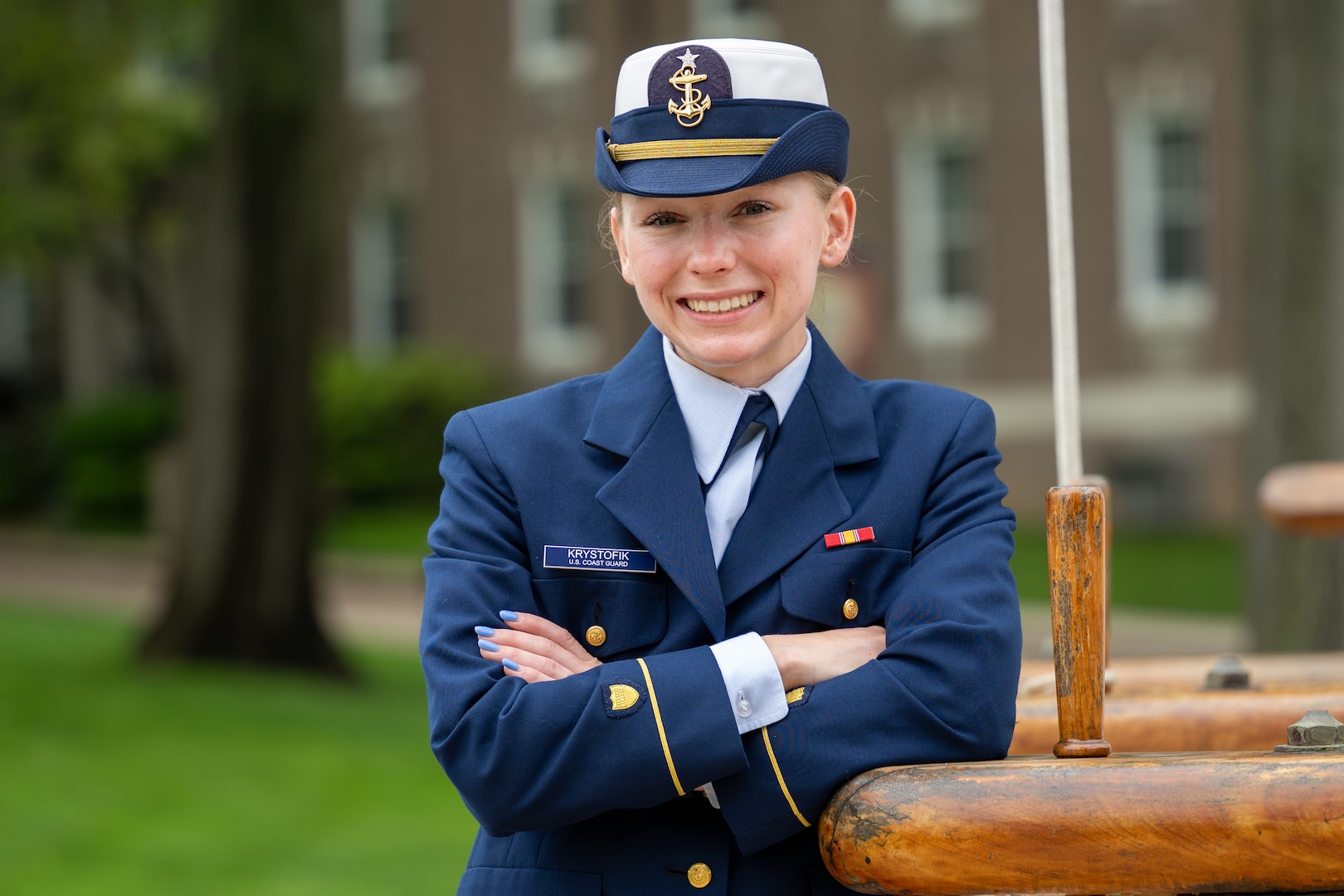 U.S. Coast Guard Academy (USCGA) Cadet 1/C Veronica L. Krystofik poses for a portrait at USCGA, New London, Connecticut, May 15, 2025. Krystofik is a ’25 USCGA graduate and will be stationed at Sector Mobile, Alabama for her first duty assignment. (U.S. Coast Guard photo by Petty Officer Third Class Leo Avila.)