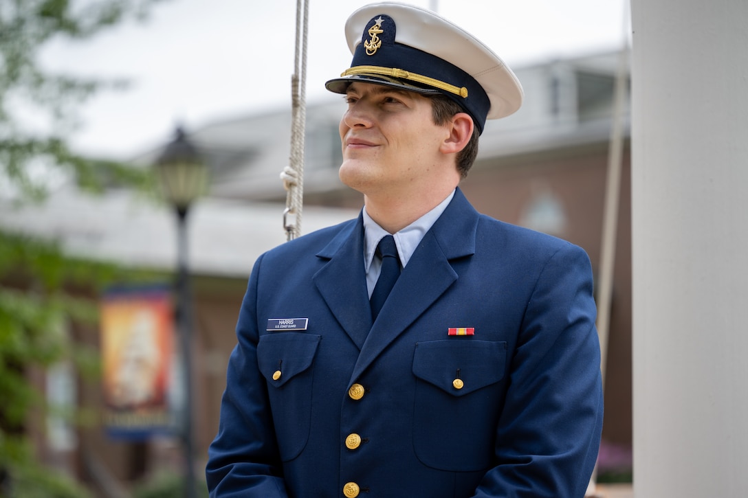 U.S. Coast Guard Academy (USCGA) Cadet 1/C Andrew J. Harris poses for a portrait at USCGA, New London, Connecticut, May 16, 2025. Harris is a ’25 USCGA graduate and will be stationed on U.S. Coast Guard Cutter Reliance (WMEC-615) in Pensacola, Fla. for his first duty assignment. (U.S. Coast Guard photo by Petty Officer Third Class Leo Avila.)