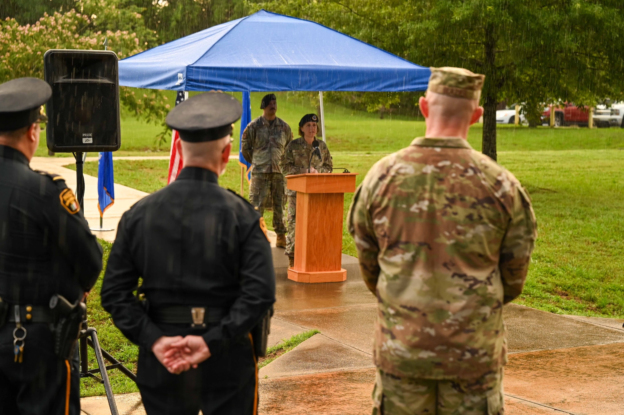 U.S. Airmen from Maxwell Air Force and Montgomery police officers gather for the opening statement of the Fallen Warrior Ruck at Maxwell Air Force Base, Alabama, May 12, 2025.