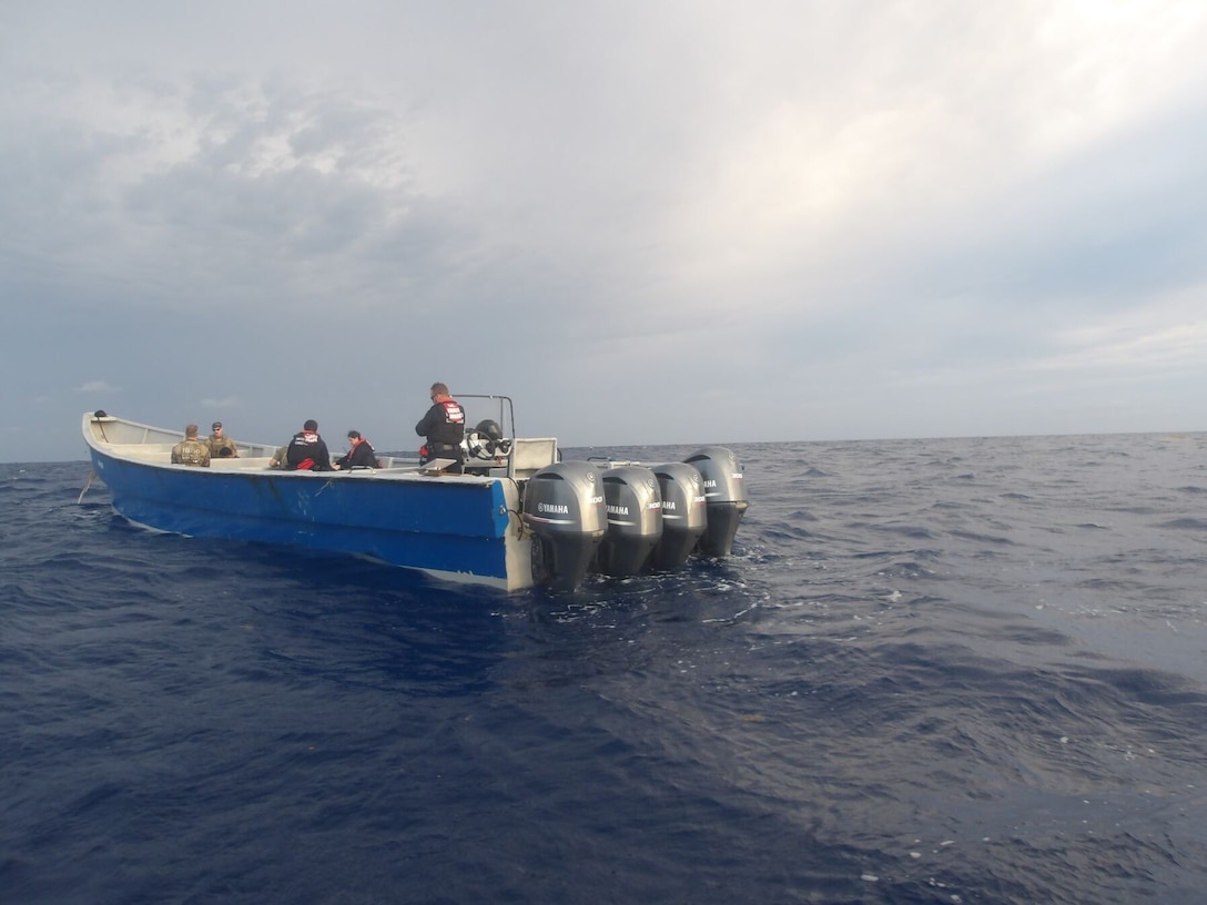 A law enforcement boat crew assigned to U.S. Coast Guard Cutter Calhoun (WMSL 759) interdicts a vessel suspected of smuggling narcotics, seizing approximately 3,135 pounds of cocaine and 14 pounds of marijuana in the Carribean Sea, May 15, 2025. USCGC Calhoun’s crew offloaded approximately 19,055 pounds of cocaine and marijuana, worth an estimated $140.9 million, on Friday, 16 May, in Fort Lauderdale. (U.S. Coast Guard photo)