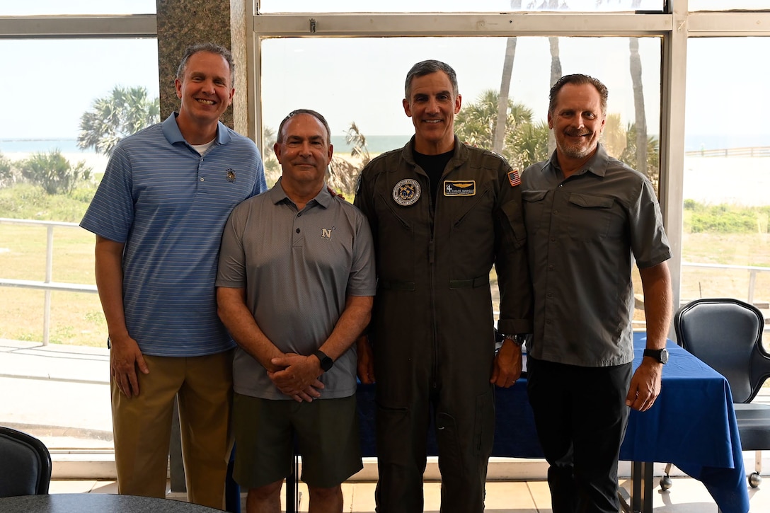 From left, retired Rear Adm. Jim Aiken, Mr. Bob Kapcio, Rear Adm. Carlos Sardiello, Commander U.S. Naval Forces Southern Command/U.S. 4th Fleet, and retired Rear Adm. Don Gabrielson celebrate Kapcio’s more than 40 years of naval service during a retirement luncheon in his honor. Kapcio completed his 33 years of military service serving as 4th Fleet’s first Maritime Operations Center (MOC) Director in 2011, prior to serving for 14 years in a civilian role, most recently as the Commander’s Action Group (CAG) Director. Retired Rear Adms. Gabrielson (2019-2021) and Aiken (2021-2024) served as 4th Fleet commanders prior to Rear Adm. Sardiello. U.S. Naval Forces Southern Command/U.S. 4th Fleet is the maritime component of U.S. Southern Command and the trusted maritime partner for Caribbean, Central and South America maritime forces leading to improved unity, security, and stability.