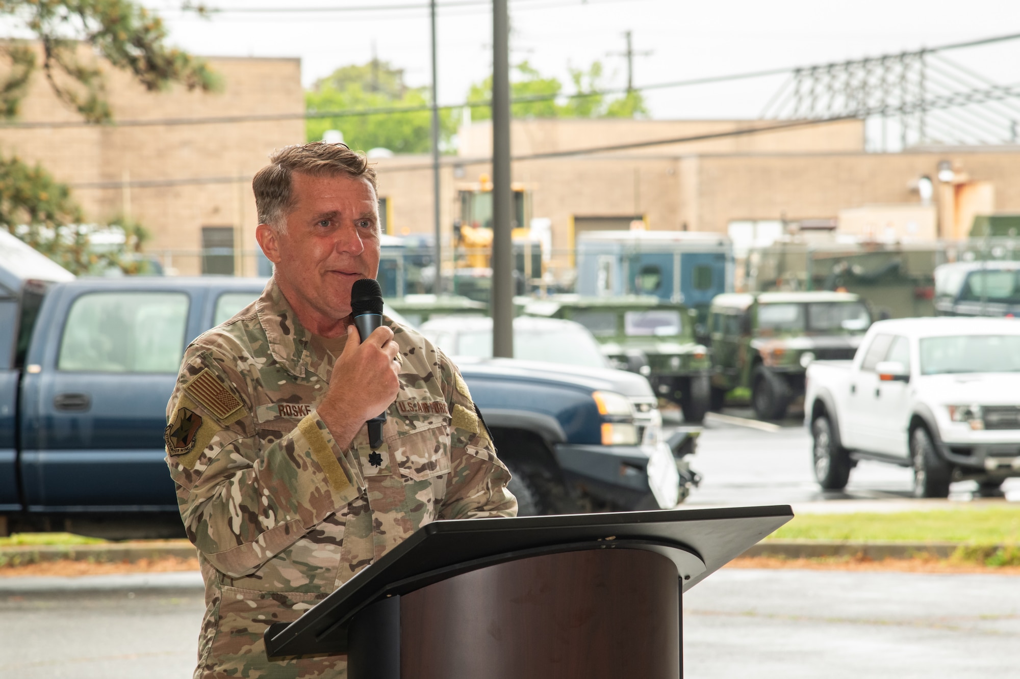 Photo of U.S. Air Force Lt. Col. Daniel Roske, 227th Air Support Operations Squadron commander, gives a speech during a Casing of the Colors and Bronze Star Medal award ceremony at the 177th Fighter Wing, Egg Harbor Township, New Jersey, May 4, 2025. The Casing of the Colors Ceremony marks a transition of a unit, whether that be inactivation, relocation, or deployment. The Bronze Star is awarded to service members who distinguish themselves by heroic or meritorious achievement or service in a combat zone.