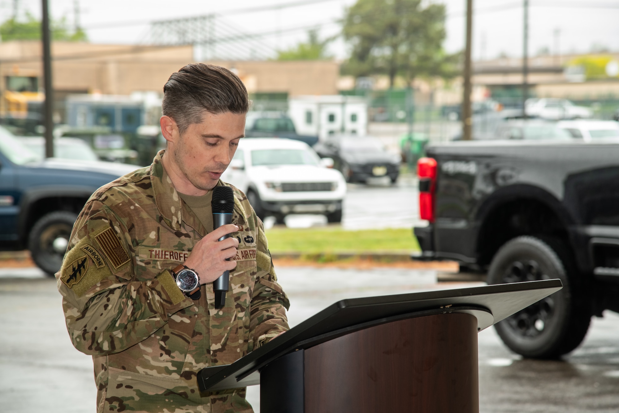 Photo of U.S Air Force 2nd Lt. Aaron Thieroff, 227th Tactical Air Control Party member, narrator at the Casing of the Colors and Bronze Star Medal award ceremony at the 177th Fighter Wing, Egg Harbor Township, New Jersey, May 4, 2025. The Casing of the Colors Ceremony marks a transition of a unit, whether that be inactivation, relocation, or deployment. The Bronze Star is awarded to service members who distinguish themselves by heroic or meritorious achievement or service in a combat zone.