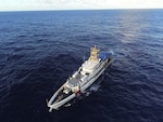 The crew of the USCGC Myrtle Hazard (WPC 1139) patrols the Philippine Sea off Guam and the Commonwealth of the Northern Mariana Islands on March 25, 2025. U.S. Coast Guard Forces Micronesia/Sector Guam's Guam-based Fast Response Cutters routinely patrol the Mariana Islands and Micronesia to ensure maritime security, sovereignty, safety, and regional prosperity. (U.S. Coast Guard photo by Petty Officer 2nd Class Jackson Collins)