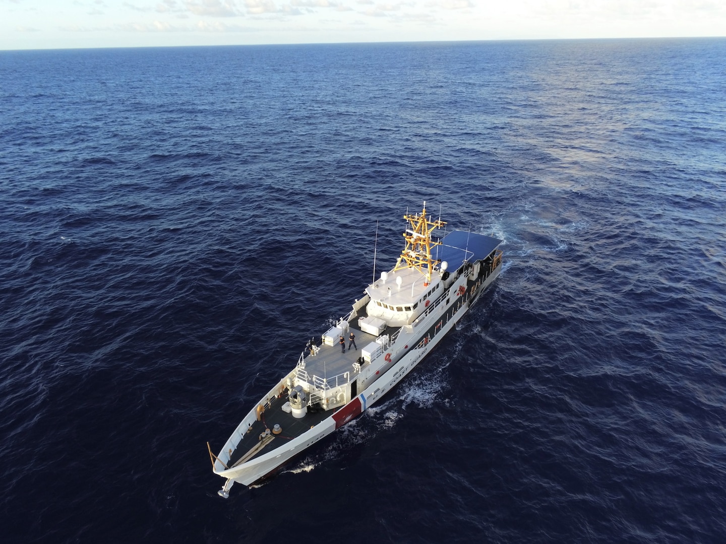 The crew of the USCGC Myrtle Hazard (WPC 1139) patrols the Philippine Sea off Guam and the Commonwealth of the Northern Mariana Islands on March 25, 2025. U.S. Coast Guard Forces Micronesia/Sector Guam's Guam-based Fast Response Cutters routinely patrol the Mariana Islands and Micronesia to ensure maritime security, sovereignty, safety, and regional prosperity. (U.S. Coast Guard photo by Petty Officer 2nd Class Jackson Collins)