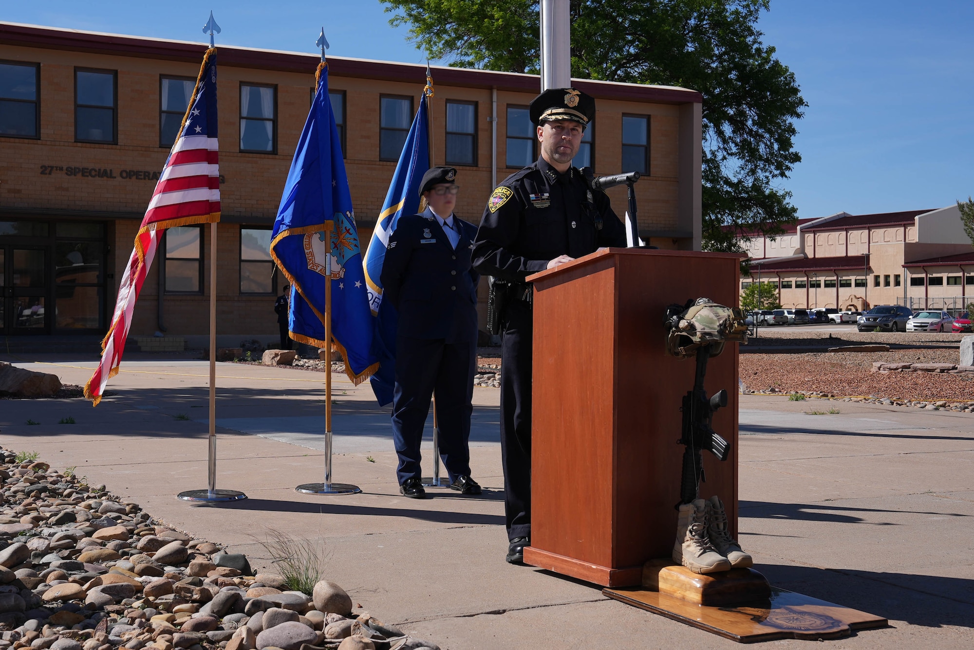 Trevor Thron, Clovis Police Department chief of police, serves as the guest speaker during the closing ceremony of National Police Week at Cannon Air Force Base, New Mexico, May 16, 2025. National Police Week was established by President John F. Kennedy in 1962. (U.S. Air Force by Staff Sgt. Kevin Williams)