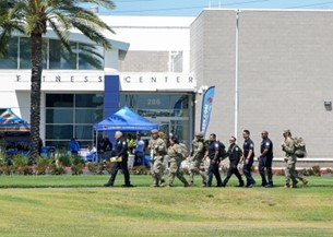 Members of the 61st Security Forces Squadron, Space Base Delta 3, march to commemorate the service of fallen Police officers, during Police Week, at Los Angeles Air Force Base, El Segundo, Calif., on May 14, 2025. (USSF Photo by: Walter Talens, SBD3)