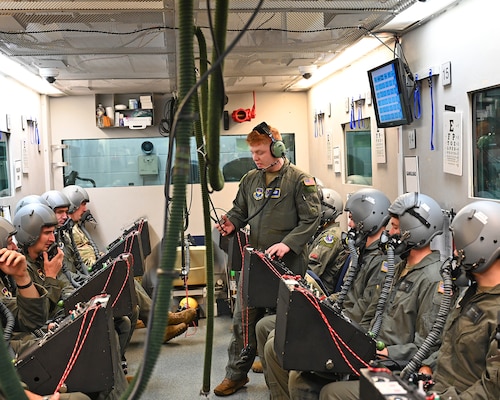 Airman 1st Class Bryson Esmond, 14th Operation Support Squadron Aerospace Physiology Technician, instructs Future Undergraduate Pilot Training (FUPT) student pilots in the Altitude Chamber.