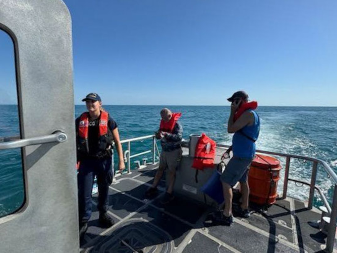 A Coast Guard Station St. Petersburg boat crew rescued three boaters, Friday, after their 29-foot boat capsized approximately six miles west of Bunces Pass.