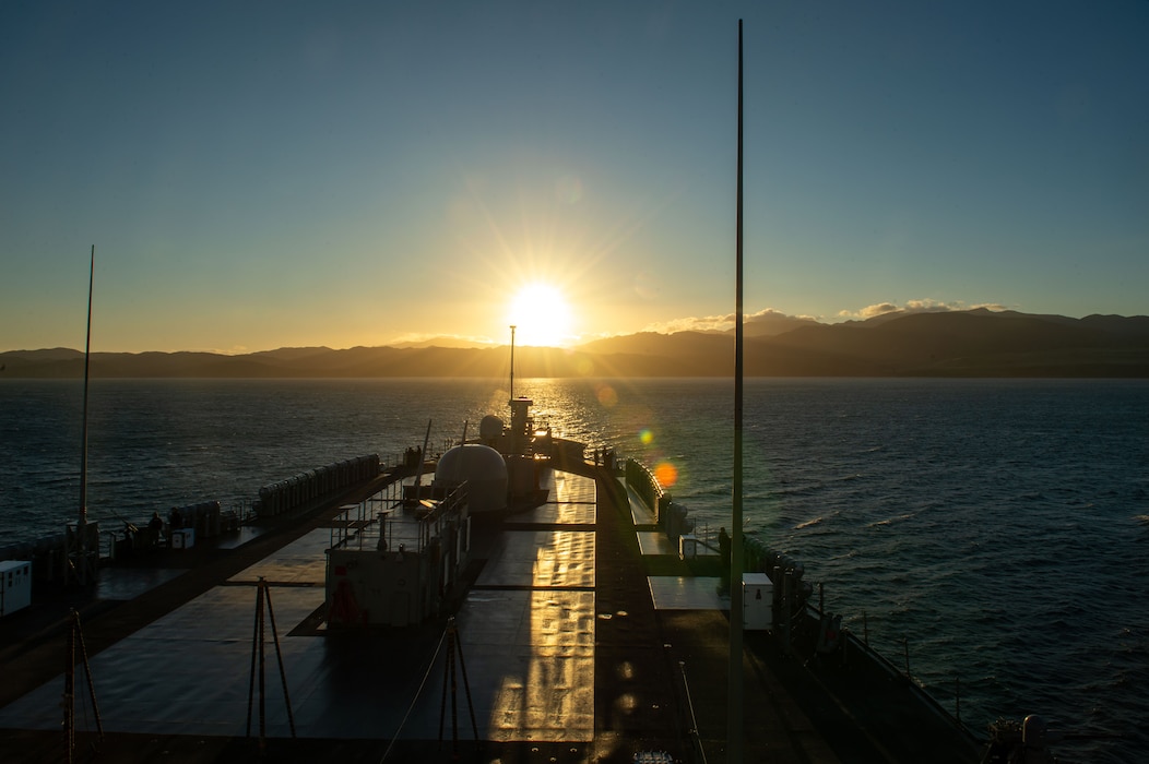 The U.S. 7th Fleet flagship USS Blue Ridge (LCC 19) arrives in Wellington, New Zealand, May 16, 2025.