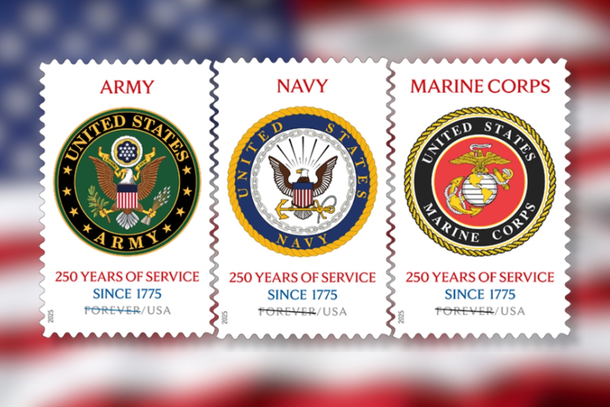 Three postal stamps with an American flag in the background.