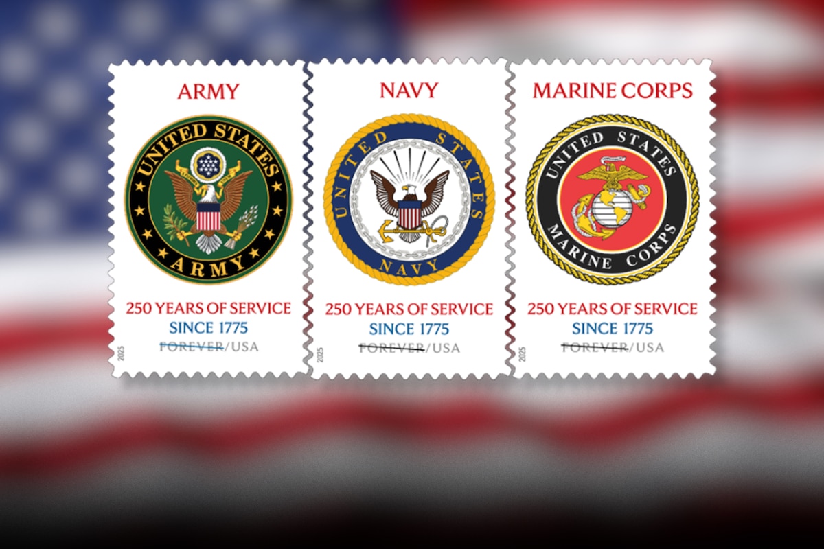 Three postal stamps with an American flag in the background.